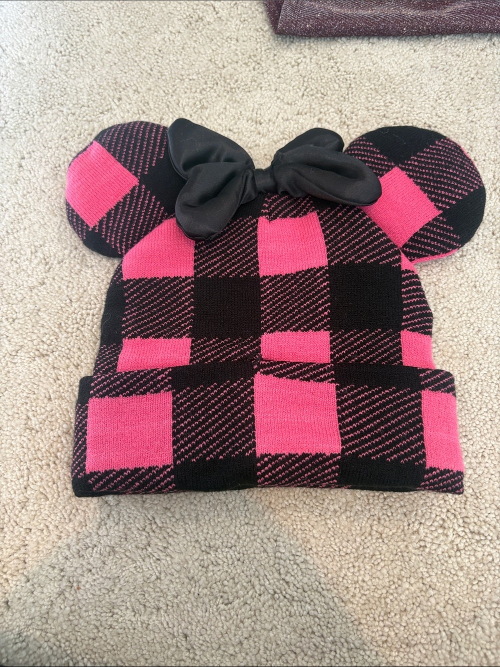 Hello Kitty Pink & Black Buffalo Plaid Ear Beanie with Bow